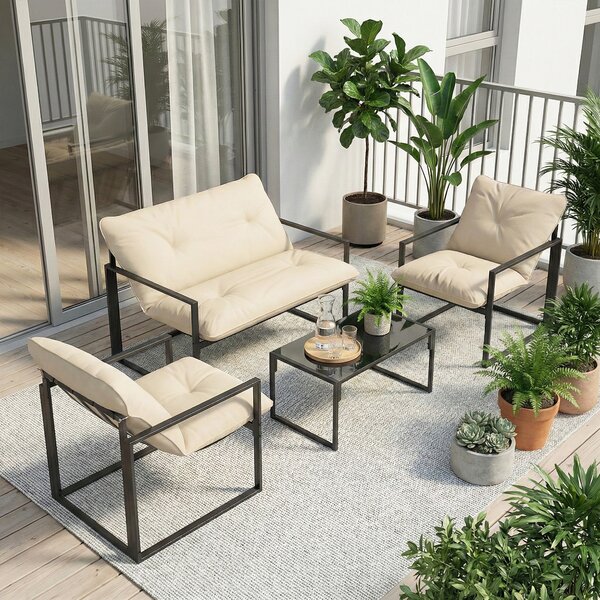 Outsunny Set da Giardino 4 Pezzi con Divanetto, 2 Poltrone e Tavolino, in Acciaio, Poliestere e Cotone PP, Beige e Grigio | Aosom Italy