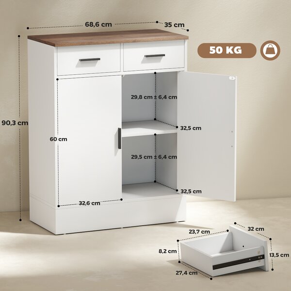 HOMCOM Credenza Moderna 2 Cassetti e Armadietto 2 Ante, Ripiano Interno Regolabile, Bianco e Legno | Aosom Italy