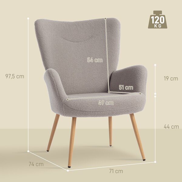 HOMCOM Poltrona Moderna in Tessuto Sherpa Imbottita con Schienale Alto e Braccioli, Grigio | Aosom Italy