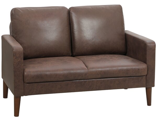 HOMCOM Divano 2 Posti Moderno con Rivestimento in Tessuto Effetto Pelle Traspirante e Gambe in Legno, 130x78x85 cm, Marrone Scuro | Aosom Italy
