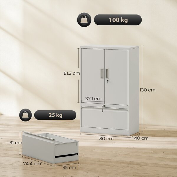 HOMCOM Mobile da Ufficio in Acciaio con Ripiano Interno Regolabile e Cassetto, 80x40x130 cm, Bianco | Aosom Italy