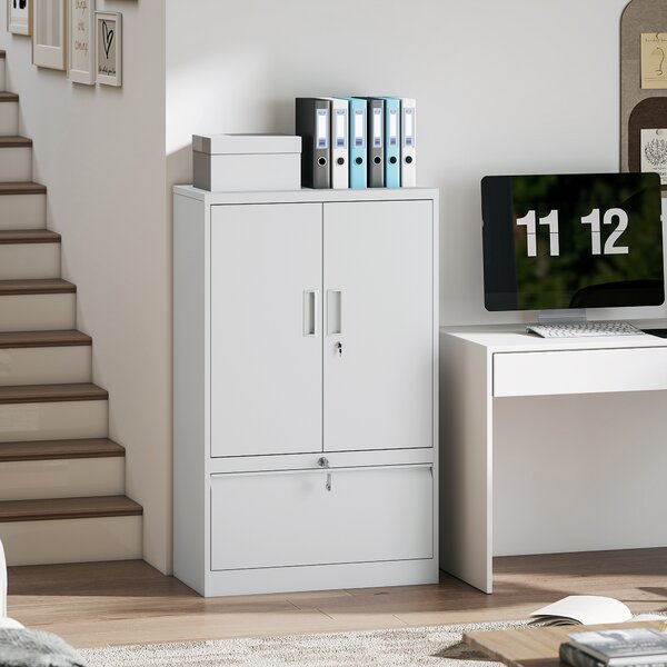 HOMCOM Mobile da Ufficio in Acciaio con Ripiano Interno Regolabile e Cassetto, 80x40x130 cm, Bianco | Aosom Italy