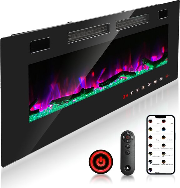Caminetto elettrico Yakimz 750/1500 W con riscaldamento, fuoco aperto, effetto fiamma, telecomando, illuminazione a LED e timer - Caminetto elettrico a piantana
