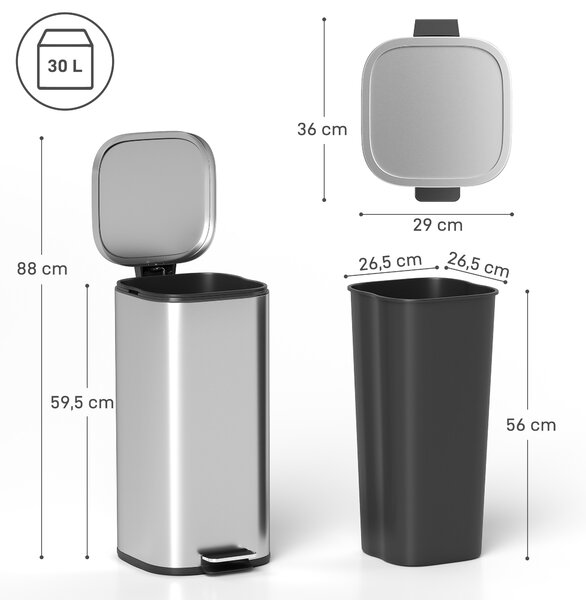 HOMCOM Pattumiera a Pedale da 30L con Secchio Rimovibile, in Metallo e PP, 29x36x59.5 cm, Argento | Aosom Italy