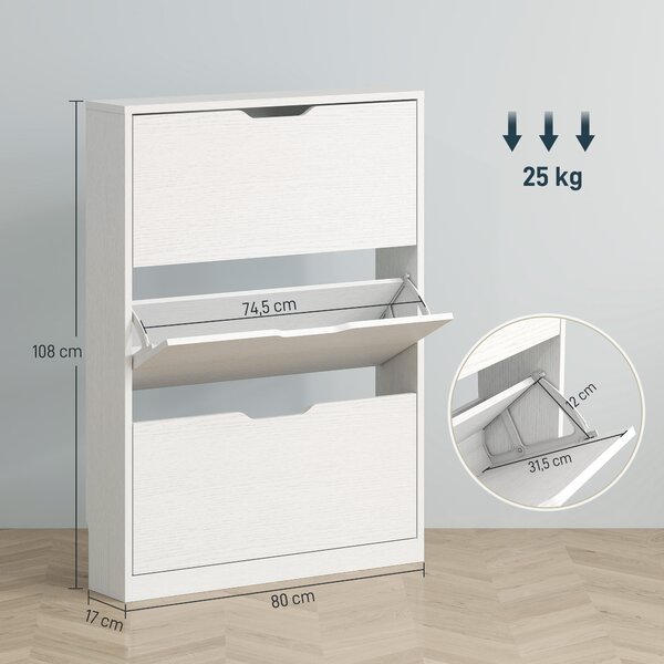 HOMCOM Scarpiera Slim a 3 Cassetti Ribaltabili con Intaglio Inferiore, in Legno, 80x17x108 cm, Bianco | Aosom Italy