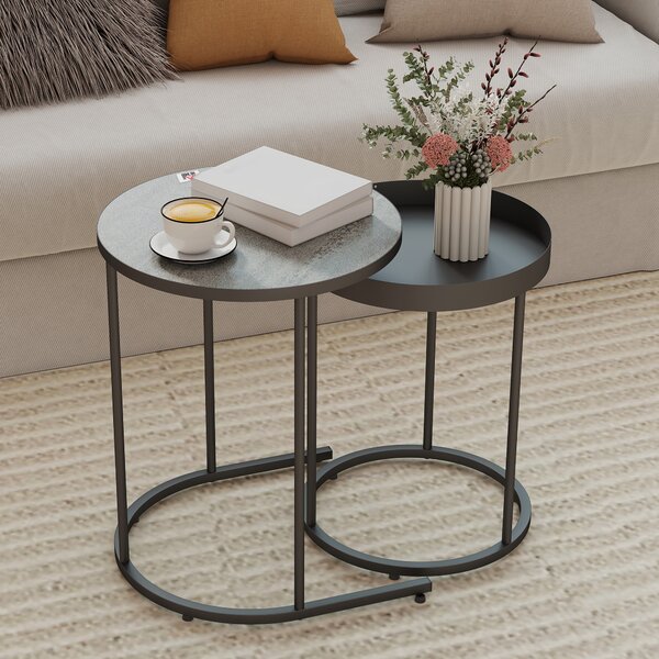 HOMCOM Set 2 Tavolini da Salotto Impilabili in Stile Industriale, in Legno e Metallo, Ø42x54 cm e Ø36.5x48.5 cm, Grigio e Nero | Aosom Italy