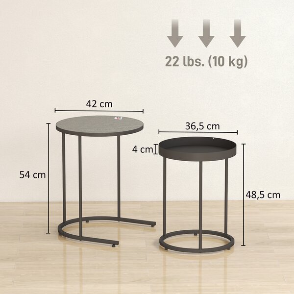 HOMCOM Set 2 Tavolini da Salotto Impilabili in Stile Industriale, in Legno e Metallo, Ø42x54 cm e Ø36.5x48.5 cm, Grigio e Nero | Aosom Italy