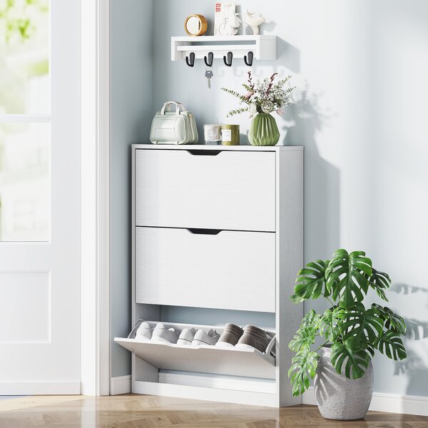 HOMCOM Scarpiera Slim a 3 Cassetti Ribaltabili con Intaglio Inferiore, in Legno, 80x17x108 cm, Bianco | Aosom Italy
