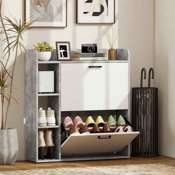 HOMCOM Scarpiera Slim con 2 Cassetti Ribaltabili e 3 Vani Aperti, Capacità 15 Scarpe, 83x24x90.5 cm, Grigio | Aosom Italy