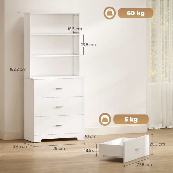 HOMCOM Libreria a Muro con 3 Ripiani Aperti e 3 Cassetti, in Legno, 79x39.5x182.2 cm, Bianco | Aosom Italy