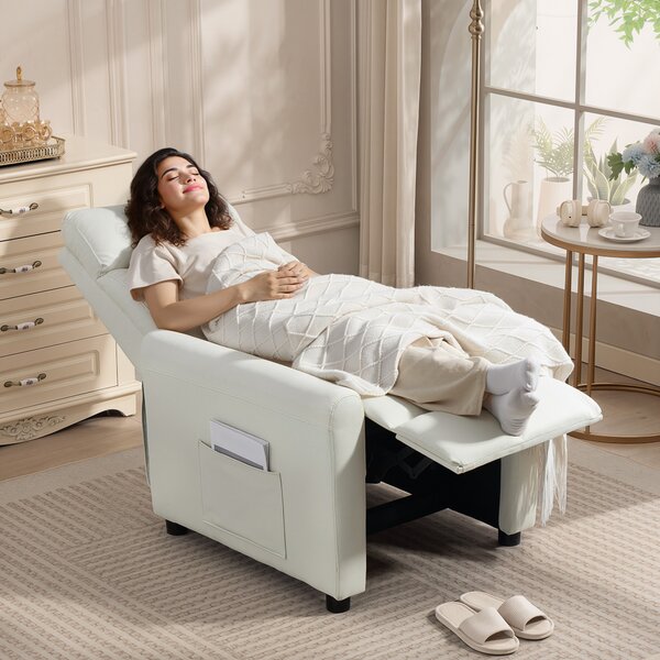 HOMCOM Poltrona Reclinabile 135° max in Tessuto Effetto Lino, Schiuma, Acciaio e Legno, 73x86x100 cm, Bianco Crema | Aosom Italy
