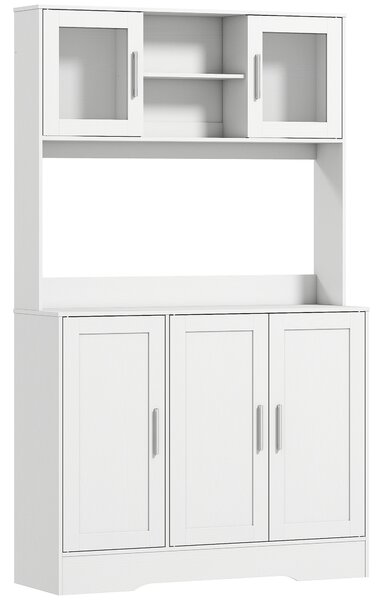 HOMCOM Mobile Dispensa con 4 Armadietti, 2 Ripiani Aperti e Piano da Lavoro, in Legno e Vetro, 108x35x180 cm, Bianco | Aosom Italy