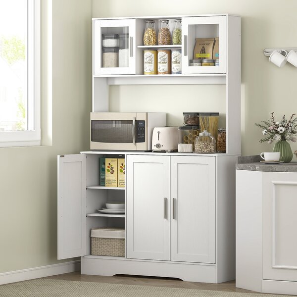 HOMCOM Mobile Dispensa con 4 Armadietti, 2 Ripiani Aperti e Piano da Lavoro, in Legno e Vetro, 108x35x180 cm, Bianco | Aosom Italy