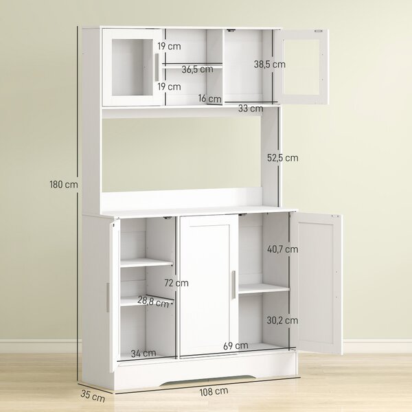 HOMCOM Mobile Dispensa con 4 Armadietti, 2 Ripiani Aperti e Piano da Lavoro, in Legno e Vetro, 108x35x180 cm, Bianco | Aosom Italy