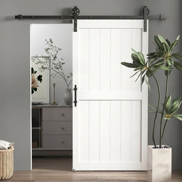 HOMCOM Porta Scorrevole con Binario e Maniglia, in Stile Country e in Legno e Acciaio, 106.6x213.4 cm, Bianco e Nero | Aosom Italy