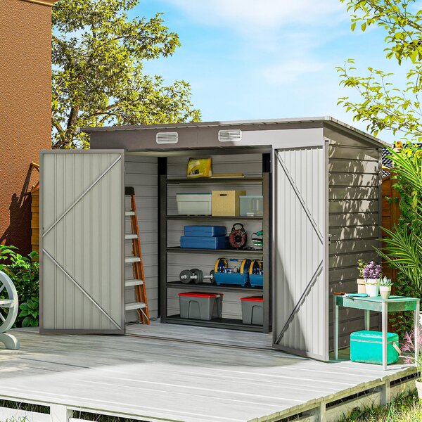 Outsunny Capanno Porta Attrezzi con 2 Prese d'Aria e Chiavistello, in Acciaio, 249x121x183 cm, Grigio Chiaro | Aosom Italy