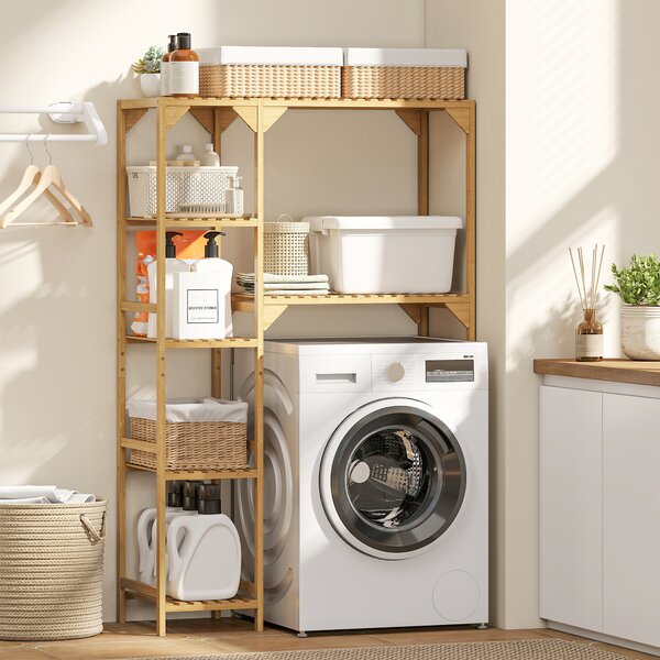 HOMCOM Mobile Sopra Lavatrice a 7 Ripiani con Spazio Regolabile, in Bambù, 100x40x157 cm, color Legno | Aosom Italy