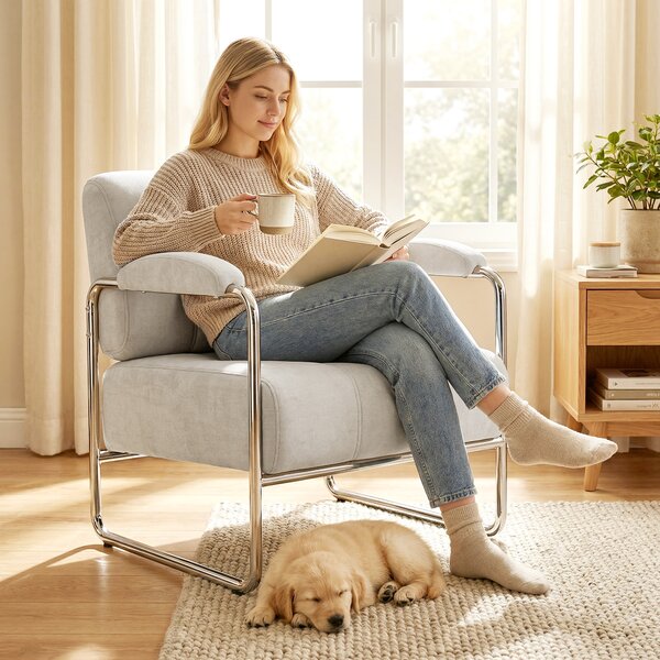 HOMCOM Poltrona Salotto Poltroncina Camera Imbottitura Spessa in Ciniglia Beige | Aosom Italy