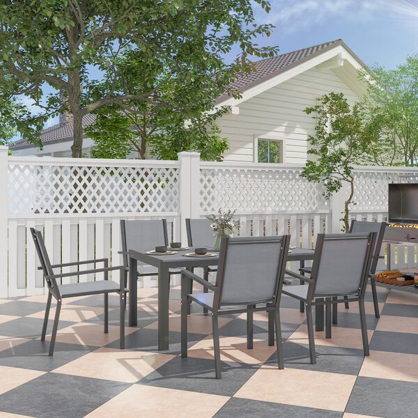 Outsunny Set Tavolo da Pranzo Rettangolare e 6 Sedie Impilabili per Giardino, Grigio Chiaro | Aosom Italy