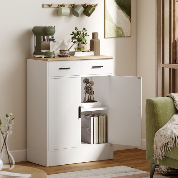 HOMCOM Credenza Moderna 2 Cassetti e Armadietto 2 Ante, Ripiano Interno Regolabile, Bianco e Legno | Aosom Italy