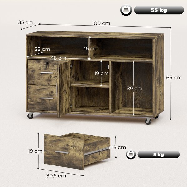 HOMCOM Mobile Porta Stampante a Rotelle con 2 Cassetti, 3 Ripiani e 2 Armadietti, in Legno, 100x35x65 cm, Marrone | Aosom Italy