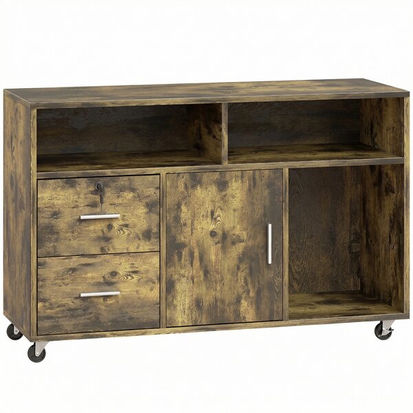 HOMCOM Mobile Porta Stampante a Rotelle con 2 Cassetti, 3 Ripiani e 2 Armadietti, in Legno, 100x35x65 cm, Marrone | Aosom Italy