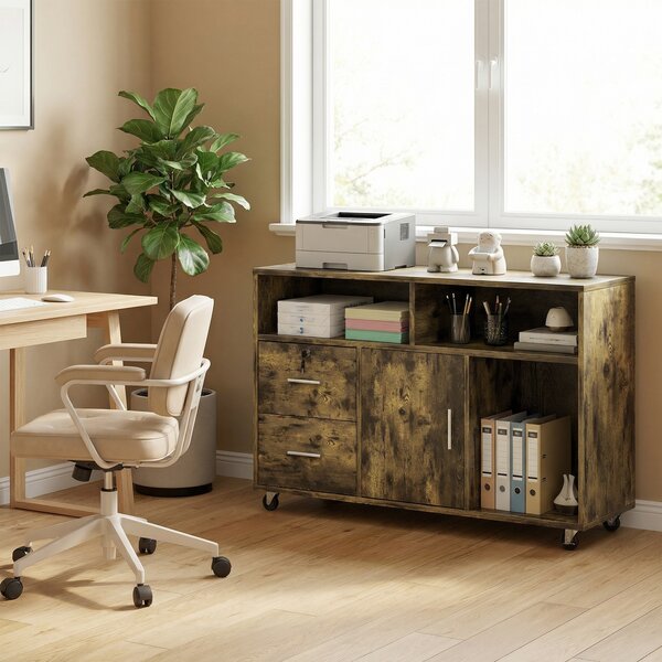 HOMCOM Mobile Porta Stampante a Rotelle con 2 Cassetti, 3 Ripiani e 2 Armadietti, in Legno, 100x35x65 cm, Marrone | Aosom Italy