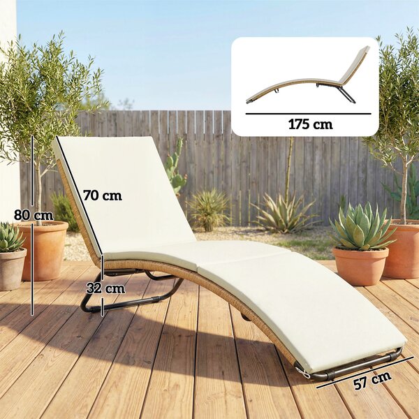 Outsunny Lettino Prendisole in Rattan Forma S con Cuscino, Lettino da Giardino con Struttura in Acciaio, per Patio Spiaggia Piscina Giardino, 175x57x80cm, Crema | Aosom Italy