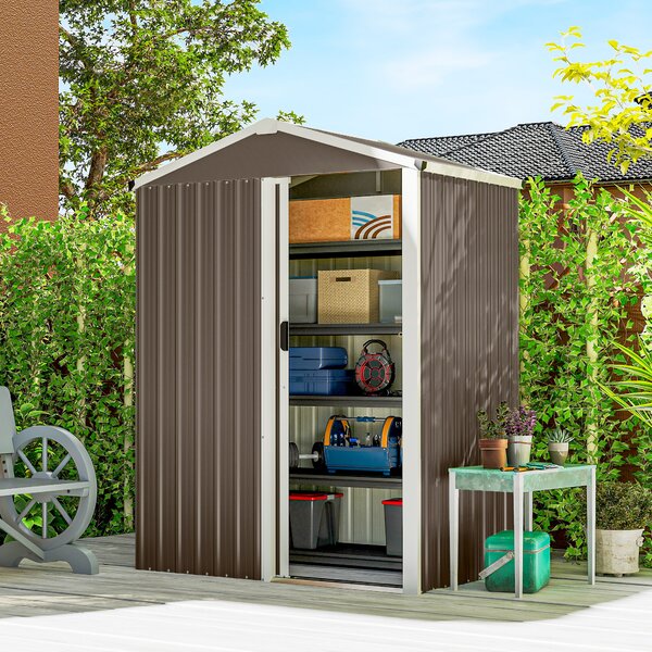 Outsunny Casetta da Giardino con Porta Scorrevole Bloccabile, Capanno in Acciaio 1.1m², 136x87x179 cm, Marrone | Aosom Italy