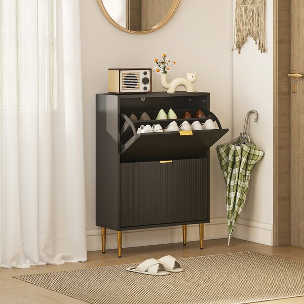 HOMCOM Scarpiera Slim per 12 Paia di Scarpe con 2 Cassetti a Ribalta e Ripiani Regolabili, 60x24x91.5 cm, Nero | Aosom Italy