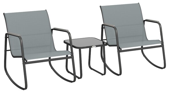 Outsunny Set da Esterno 3pz in Acciaio con 2 Sedie a Dondolo Traspiranti e Tavolino con Piano in Vetro, Grigio e Nero | Aosom Italy