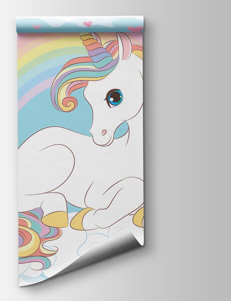 Carta da parati Unicorno seduto su una nuvola con arcobaleno e cuori, Carta da parati per Bambini, Carta da parati popolare, u10971 - Tapeko.it