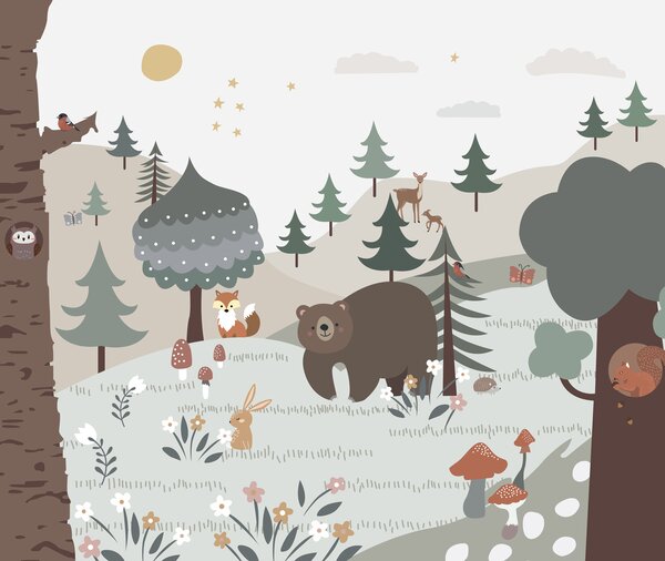 Carta da parati Cartone animato di un orso e di un coniglio in una foresta, Carta da parati per Bambini, Carta da parati popolare, u95366 - Tapeko.it