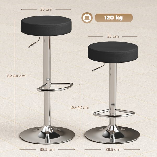 HOMCOM Set 2 Sgabelli da Bar Moderni e Regolabili, in Pelle PU, Spugna e Metallo, 38.5x38.5x62-84 cm, Nero | Aosom Italy