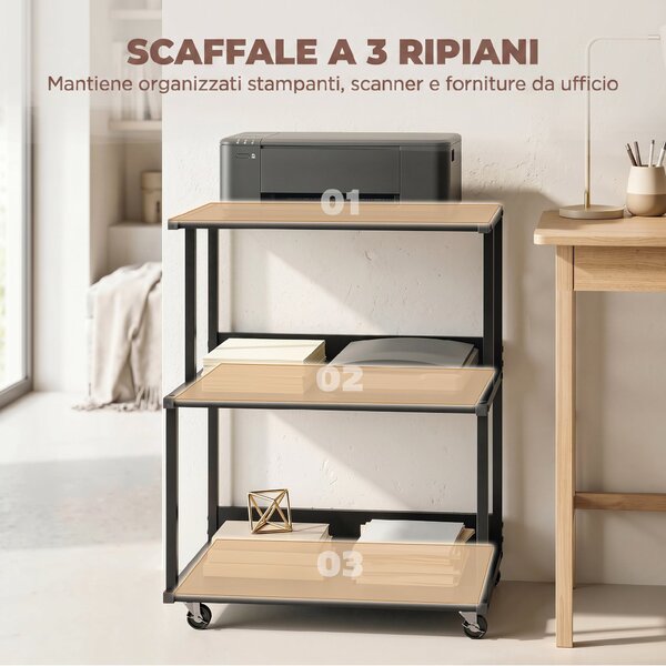 HOMCOM supporto stampante 3 livelli con ruote, tavolino industriale metallo ufficio, nero. | Aosom Italy