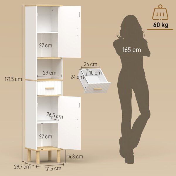 HOMCOM Armadietto 172 cm, Mobile Bagno con Cassetto e Ripiani Regolabili, Bianco | Aosom Italy