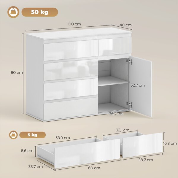HOMCOM Credenza, Mobile con 5 Cassetti, Ripiano Regolabile, Bianco Lucido. | Aosom Italy
