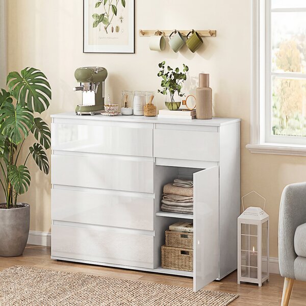 HOMCOM Credenza, Mobile con 5 Cassetti, Ripiano Regolabile, Bianco Lucido. | Aosom Italy