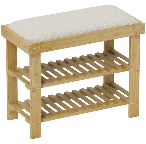 HOMCOM Panca Scarpiera da Ingresso in Bambù, con Seduta Imbottita a 2 Livelli, per 6 Paia di Scarpe, Ingresso Corridoio, 60x29x49cm, Bianco e Naturale | Aosom Italy