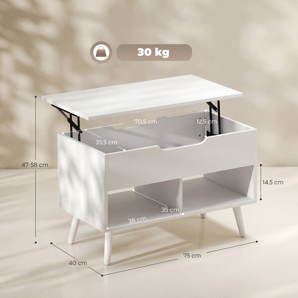 HOMCOM Tavolino da Caffè con Piano Sollevabile e Spazio Nascosto, 75 cm Bianco Punzonato | Aosom Italy