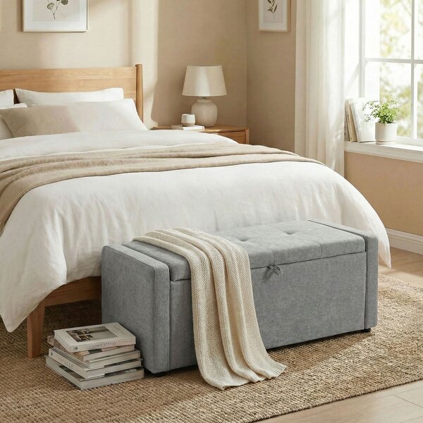 HOMCOM Cassapanca 142L Pouf Contenitore, Seduta Ampia Imbottita, in Lino, Capacità 200 kg, Grigio Chiaro | Aosom Italy