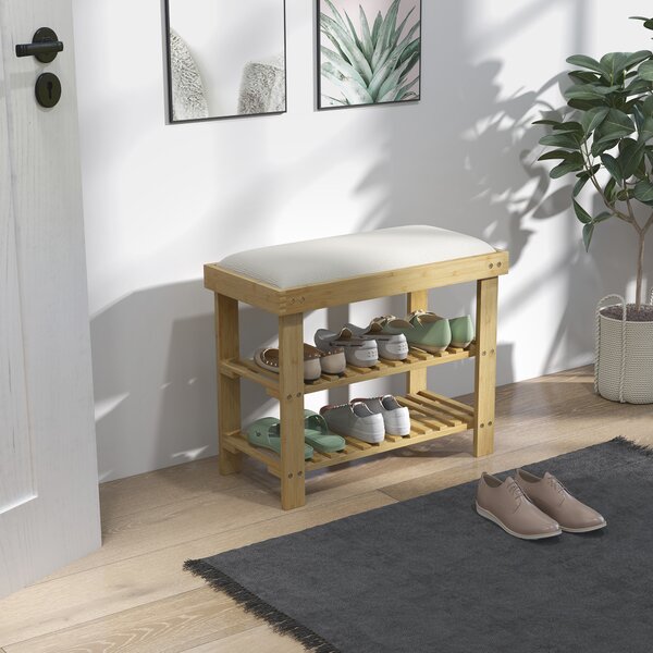 HOMCOM Panca Scarpiera da Ingresso in Bambù, con Seduta Imbottita a 2 Livelli, per 6 Paia di Scarpe, Ingresso Corridoio, 60x29x49cm, Bianco e Naturale | Aosom Italy
