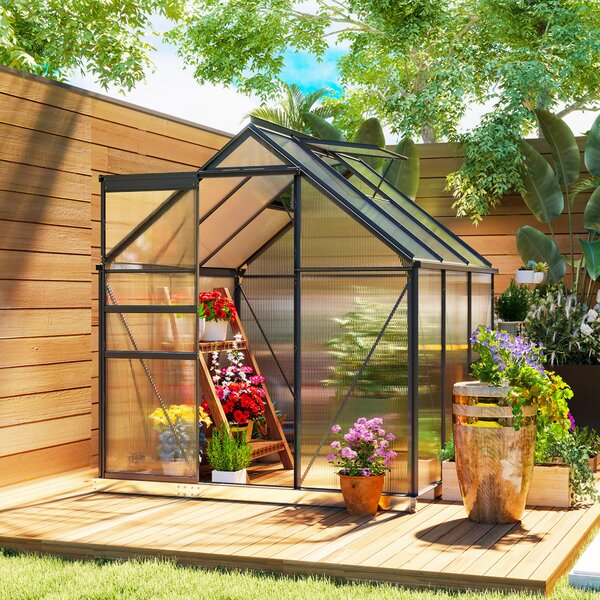 Outsunny Serra in Policarbonato e Alluminio con Porta a Battente e Finestra a Tetto, 3.6㎡, Grigio | Aosom Italy