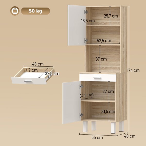 HOMCOM Buffet da cucina con Cassetto e Ripiani, Credenza alta con 2 ante e piano di lavoro, 55x40x174 cm, bianco e legno naturale | Aosom Italy