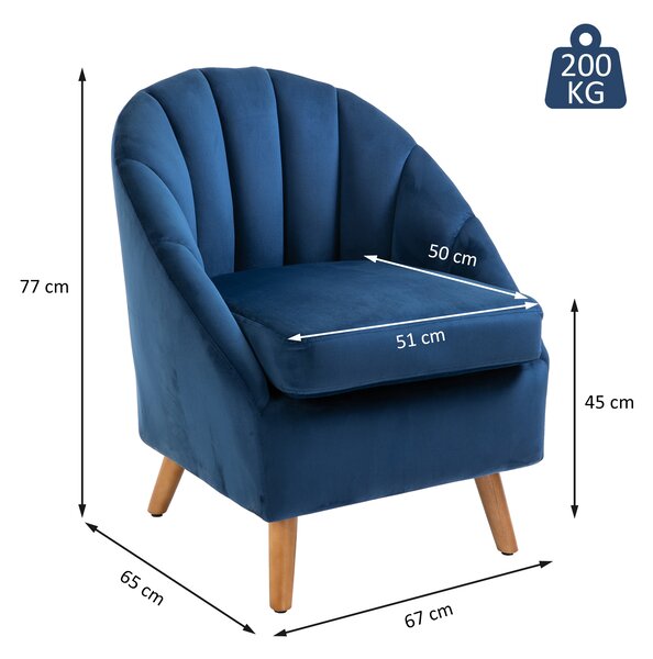 HOMCOM Poltrona Salotto Imbottito in Velluto con Imbottitura Spessa, Gambe in Legno di Caucciù, Braccioli, Blu | Aosom Italy