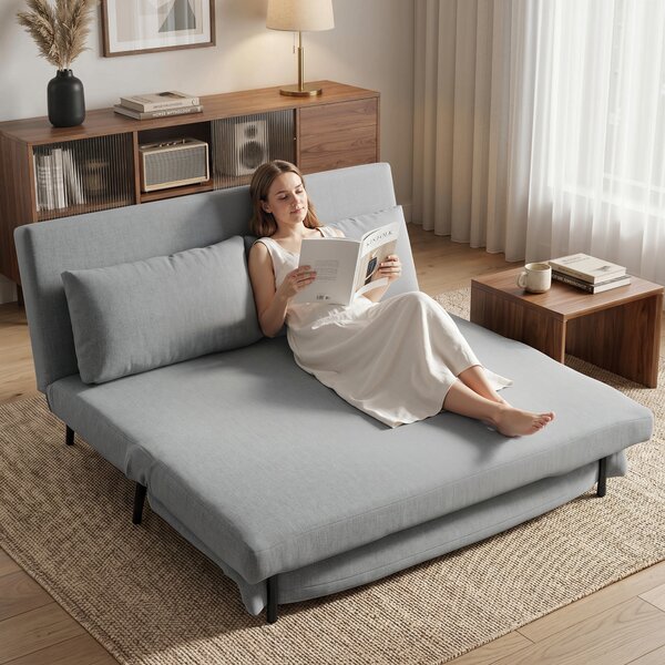 HOMCOM Divano Letto 2 Posti 3 in 1 in Tessuto Effetto Lino con 2 Cuscini, Struttura in Eucalipto, Grigio Chiaro | Aosom Italy