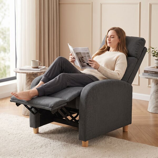 HOMCOM Poltrona Relax Reclinabile Manuale 135° con Poggiapiedi, in Tessuto Effetto Lino, Gambe in Legno, Grigio Scuro | Aosom Italy