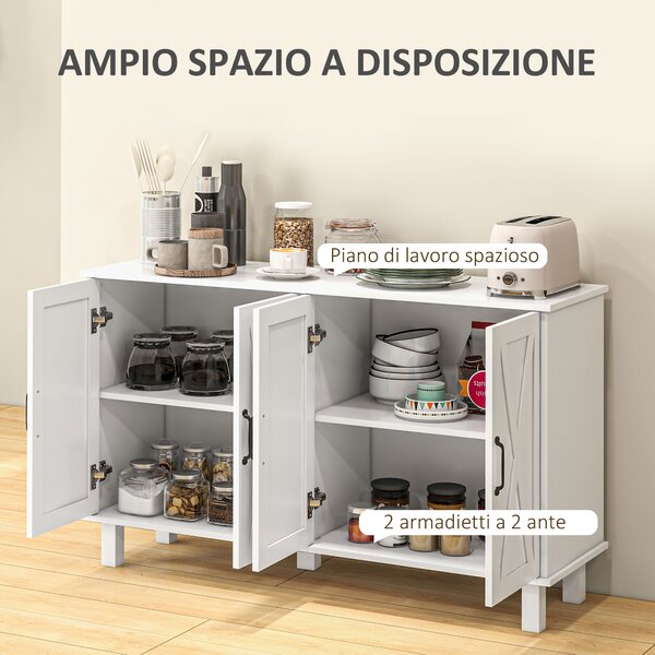 HOMCOM Credenza Moderna a 4 Ante con Ripiani Regolabili e 5 Gambe per Cucina e Soggiorno, Mobile Multiuso in MDF, 120x37x75cm, Bianco | Aosom Italy
