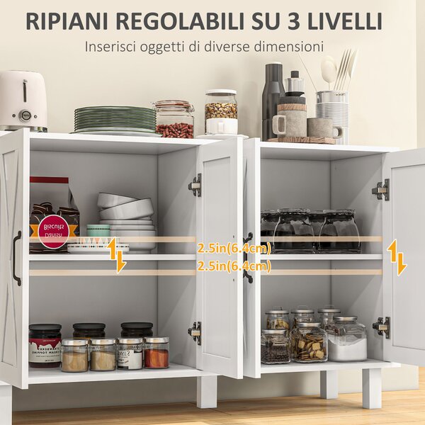 HOMCOM Credenza Moderna a 4 Ante con Ripiani Regolabili e 5 Gambe per Cucina e Soggiorno, Mobile Multiuso in MDF, 120x37x75cm, Bianco | Aosom Italy