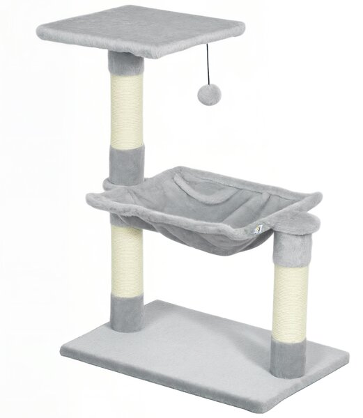 Albero Tiragraffi per Gatti Multilivello con Amaca e Pallina Appesa in Legno e Peluche 50x36x70cm Grigio Chiaro